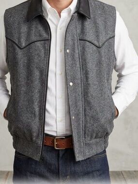 Schaefer Men’s Gray Wool Vest Snap Zip Front Point Collar Lined Western L
